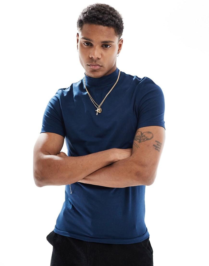 ASOS DESIGN muscle fit t-shirt with turtle neck in navy
