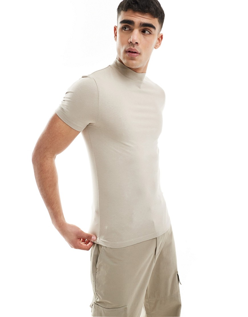 ASOS DESIGN muscle fit t-shirt with turtle neck in stone-Neutral