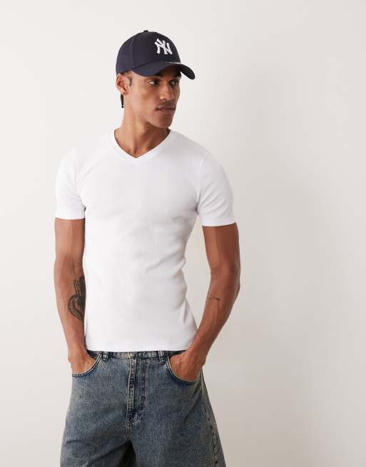 ASOS DESIGN muscle fit t-shirt with v neck in white rib, 4 of 5