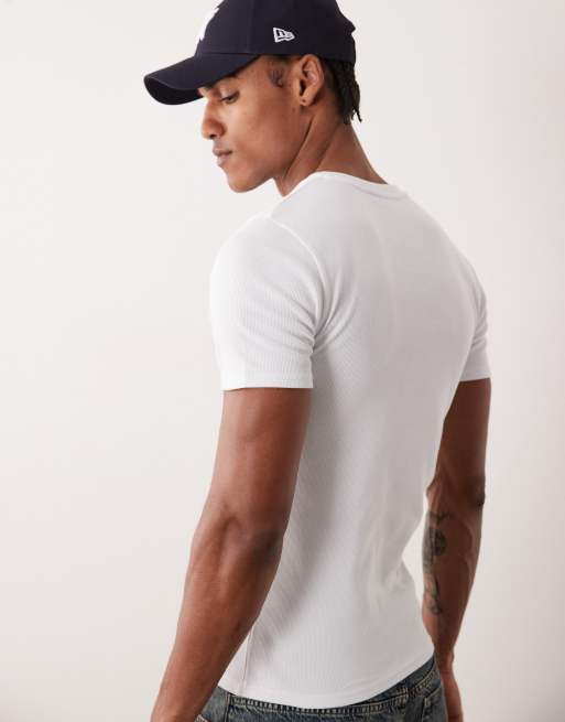 ASOS DESIGN muscle fit t-shirt with v neck in white rib, 5 of 5