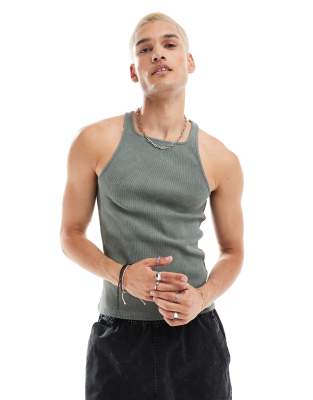 Asos Design Muscle Fit Tablet Wash Tank Top In Green