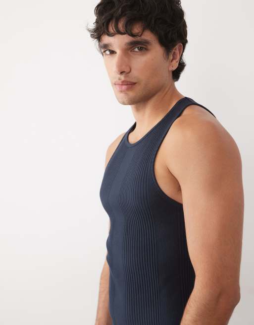 ASOS DESIGN muscle fit tank in navy smart texture, 4 of 5