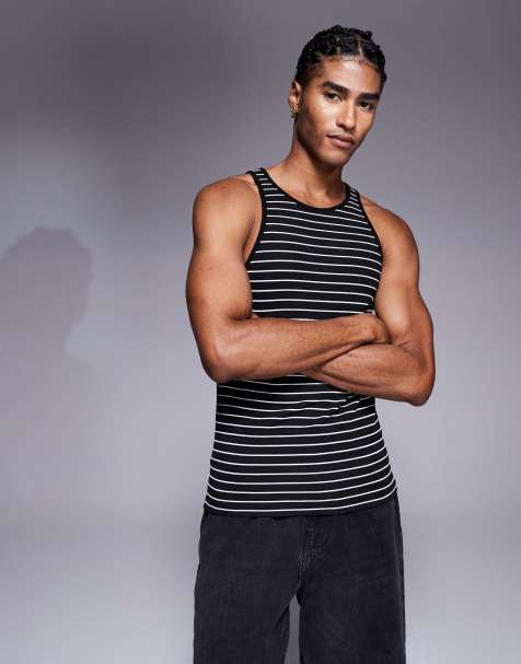 ASOS DESIGN muscle fit tank top in black and white stripe - view 1