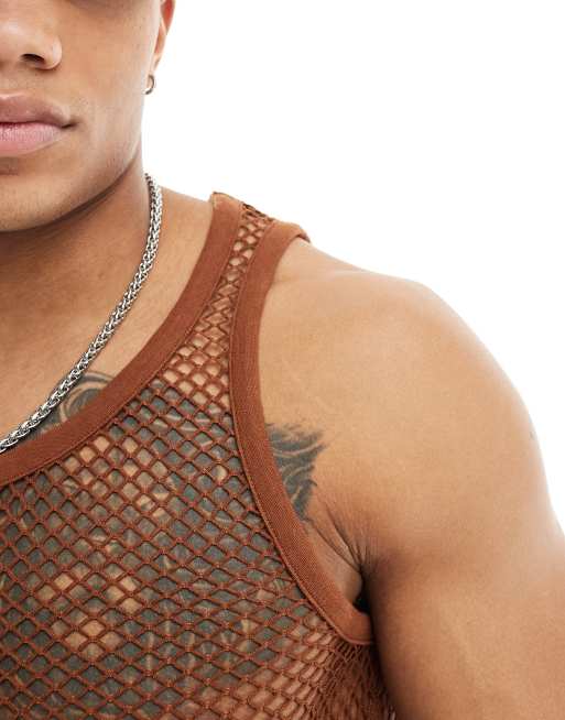 ASOS DESIGN muscle fit tank top in rust open mesh ASOS