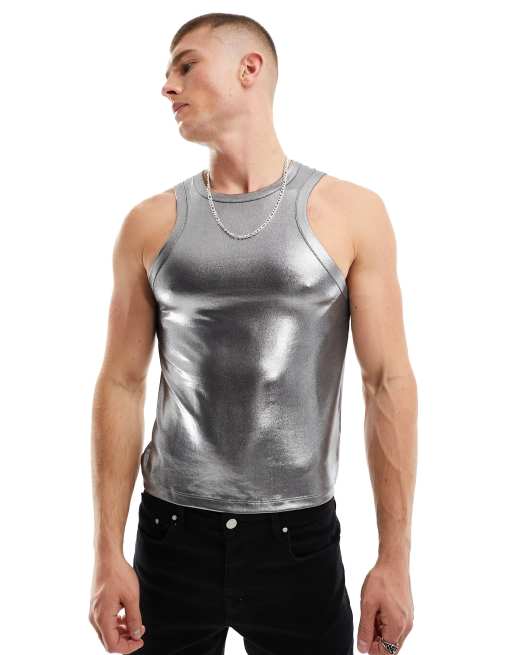 ASOS DESIGN muscle fit tank top in silver metallic