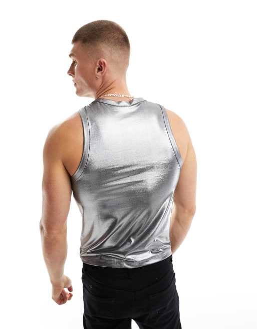 ASOS DESIGN muscle fit tank top in silver metallic