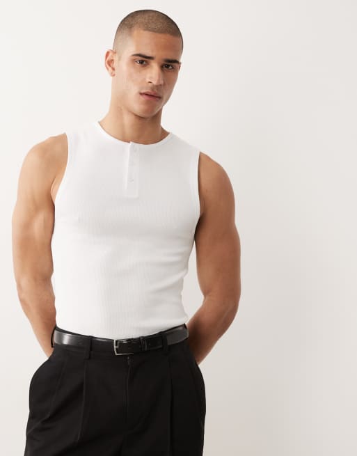 ASOS DESIGN muscle fit tank top with henley neck in white rib knit, 4 of 5