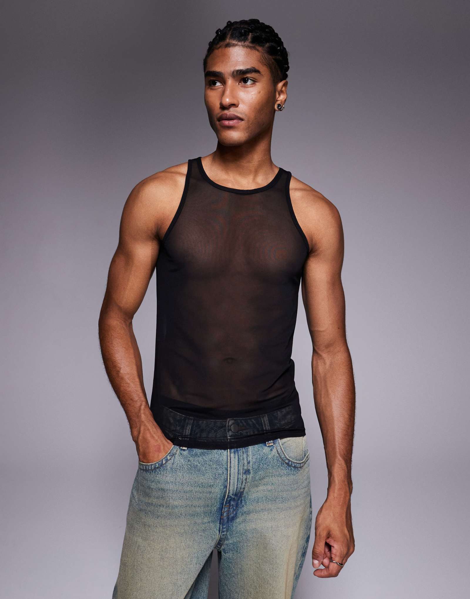 Облегающая майка ASOS DESIGN muscle с высоким круглым вырезом из черной сетки