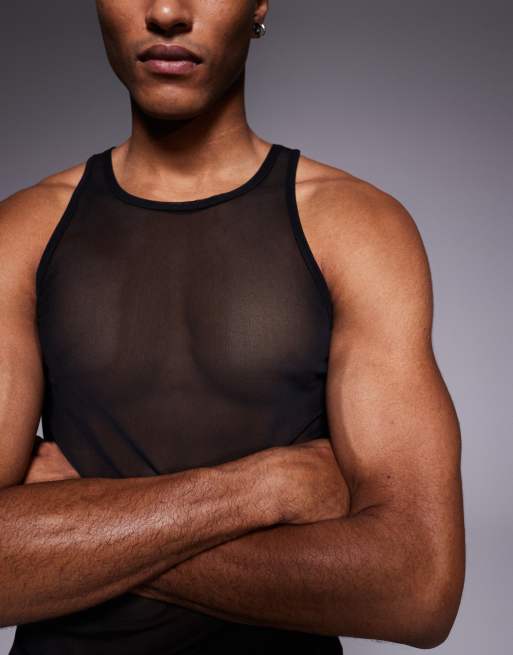 ASOS DESIGN muscle fit vest with high scoop neck in black mesh