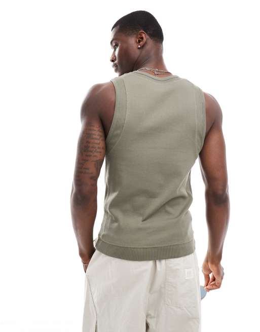 ASOS DESIGN muscle fit tank top with panel detail in khaki