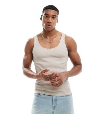 Asos Design Muscle Fit Tank Top With Scoop Neck In Neutral