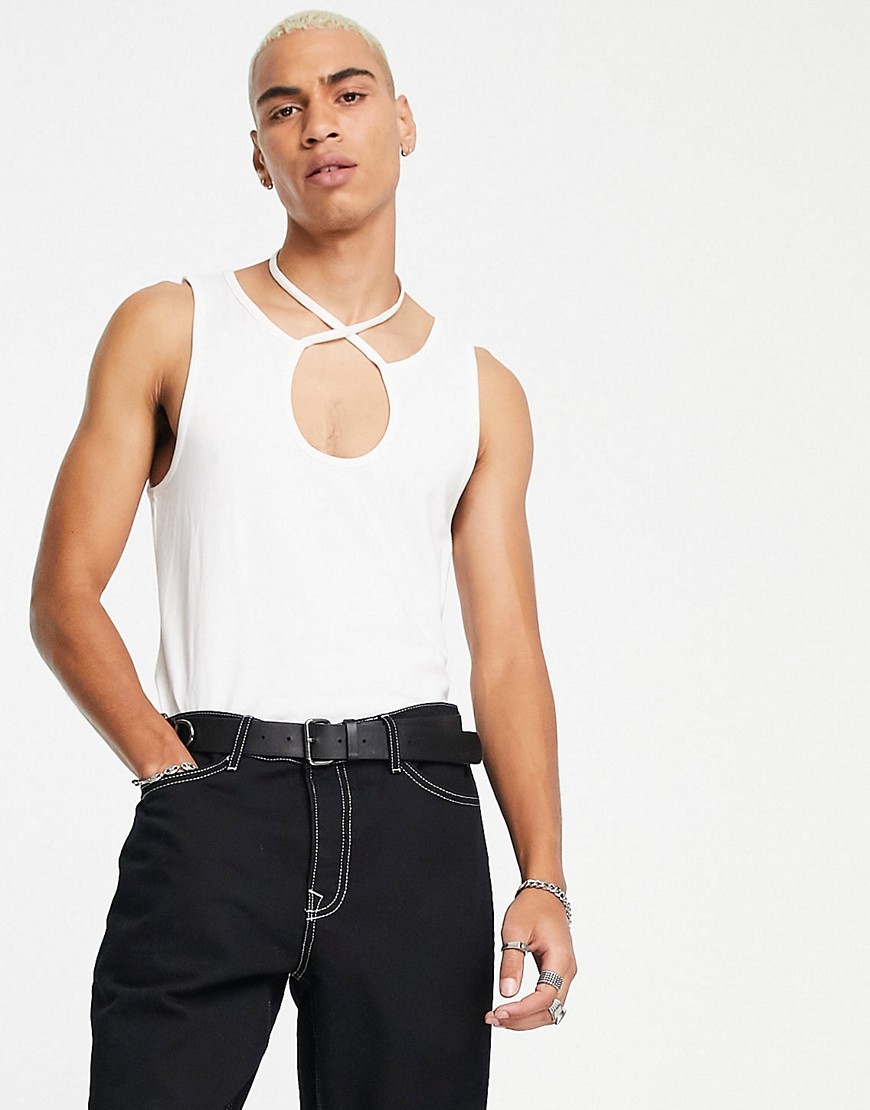 ASOS DESIGN muscle fit tank top with wrap neck detail in white