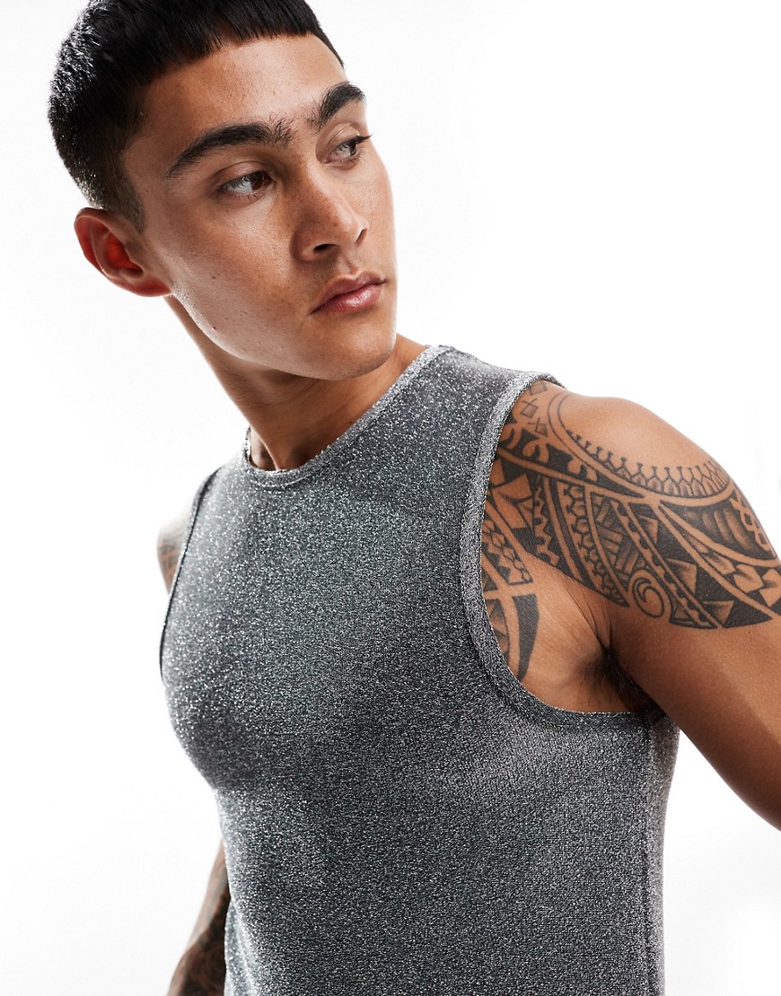 ASOS DESIGN muscle fit tank vest in glitter fabric-Silver