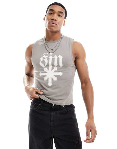 ASOS DESIGN muscle fit tank vest in grey with grunge front print - view 1