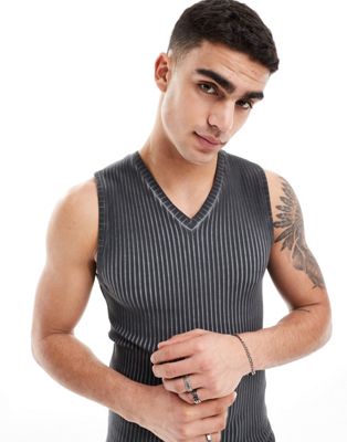 ASOS DESIGN muscle fit tank vest in ribbed charcoal oil wash