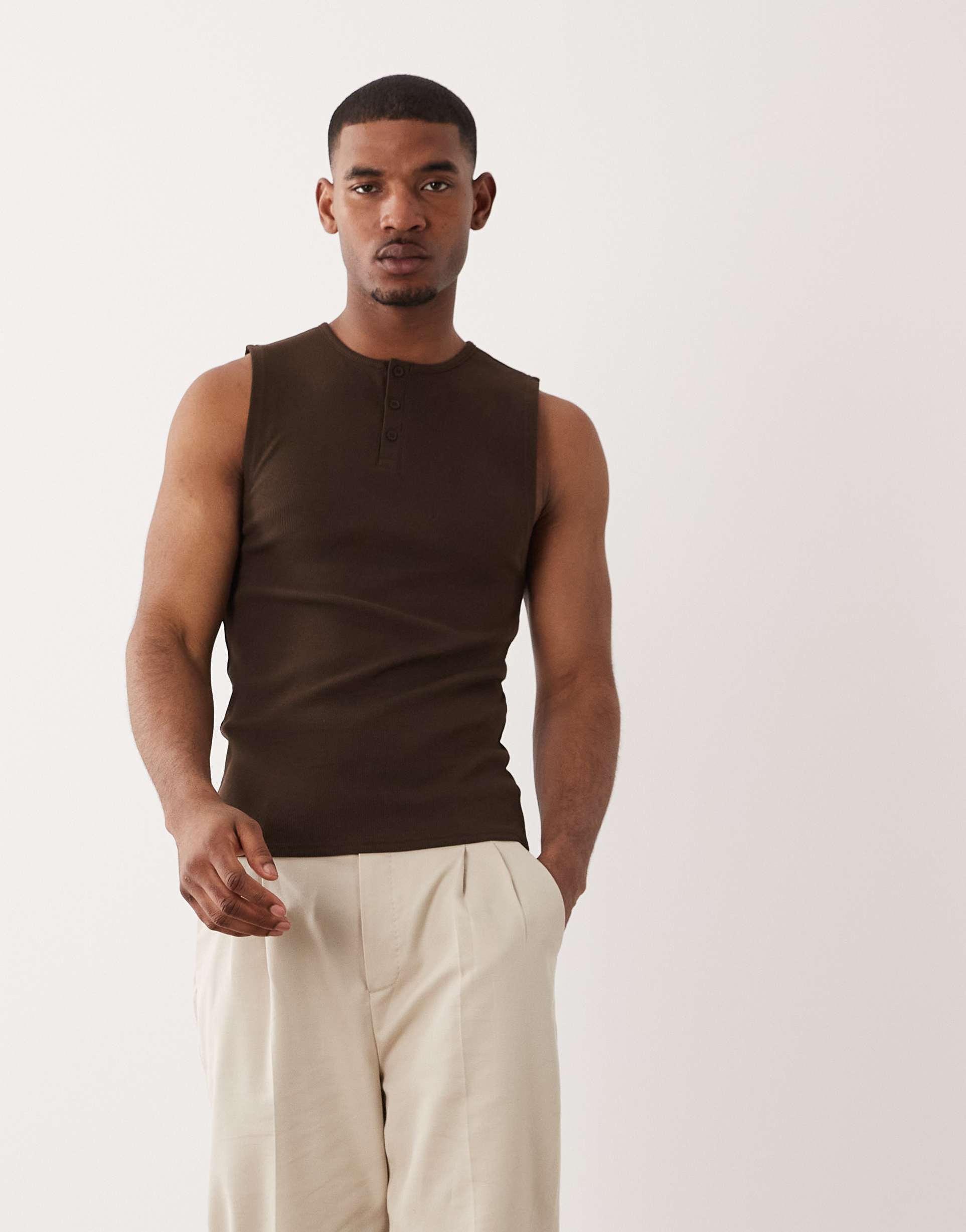 ASOS DESIGN muscle fit tank with henley neck in dark brown rib