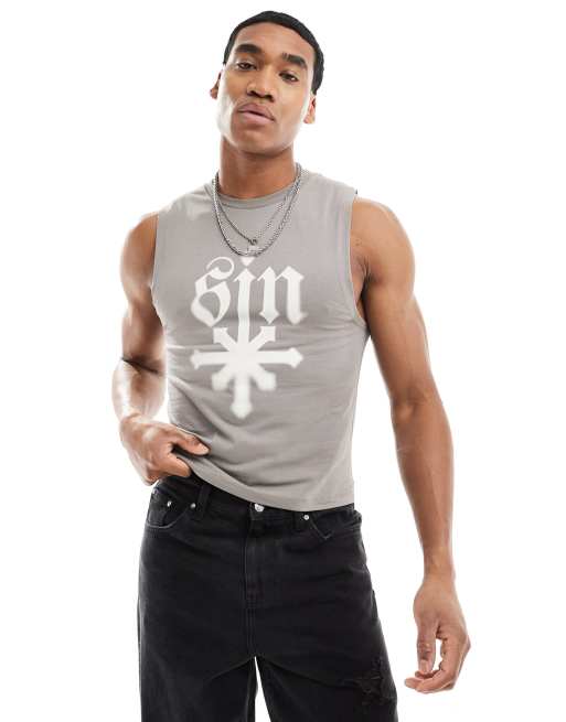 ASOS DESIGN - Muscle fit tanktop in grijs met grunge-print op de voorkant