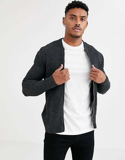 ASOS DESIGN muscle fit textured knit bomber jacket in charcoal | ASOS