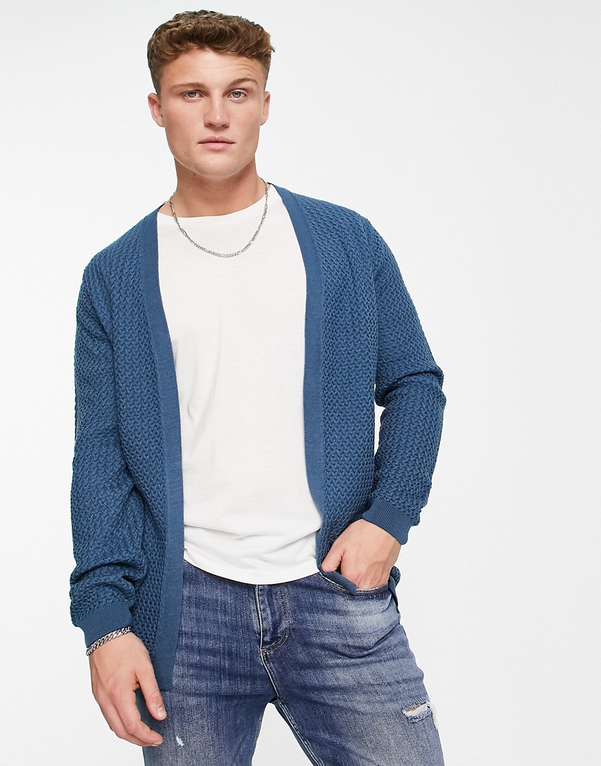 ASOS DESIGN muscle fit textured knit cardigan in denim blue-Blues