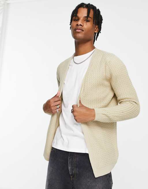 ASOS DESIGN muscle fit textured knit cardigan in oatmeal