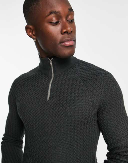 ASOS DESIGN muscle fit textured knit half zip jumper in charcoal grey