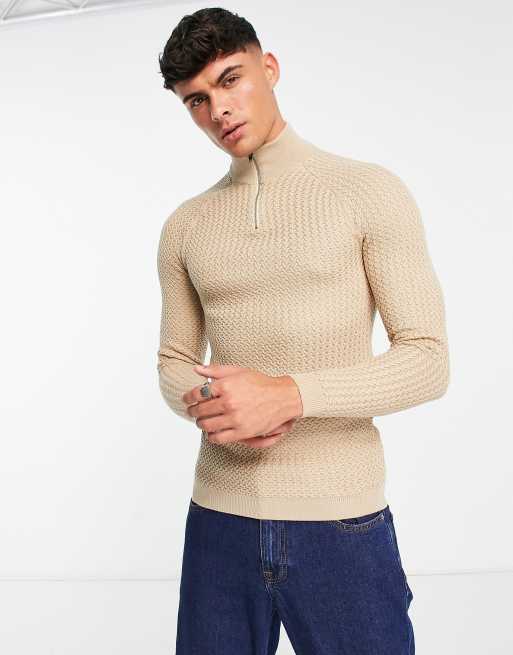 Asos Design Muscle Fit Textured Knit Half Zip Jumper In Oatmeal Asos