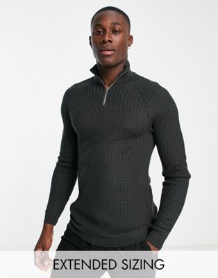 Asos Design Muscle Fit Textured Knit Half Zip Sweater In Charcoal Gray
