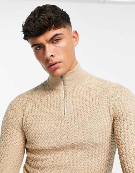 ASOS DESIGN muscle fit waffle knit sweater in oatmeal