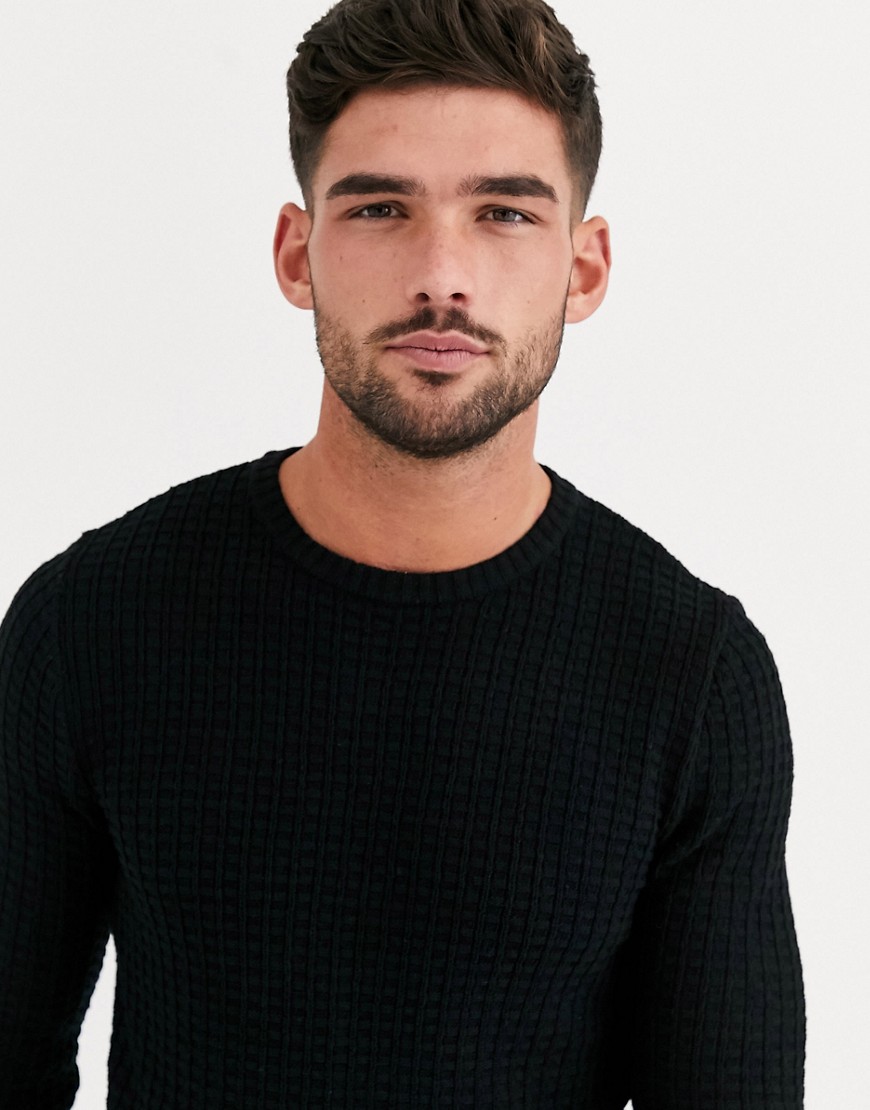ASOS DESIGN muscle fit textured knit jumper in black