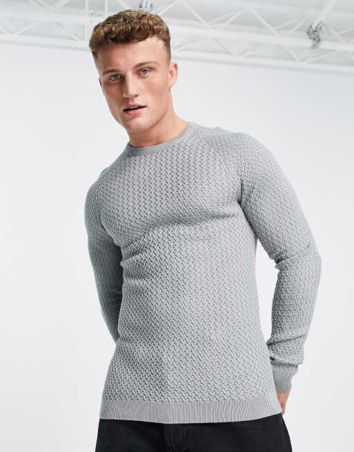 ASOS DESIGN muscle fit textured knit jumper in grey | ASOS