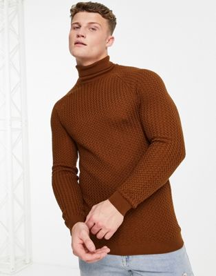 ASOS DESIGN muscle fit textured knit roll neck jumper in brown
