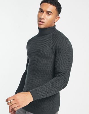 ASOS DESIGN muscle fit textured knit roll neck jumper in charcoal grey