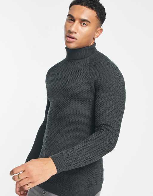 ASOS DESIGN muscle fit textured knit roll neck jumper in charcoal