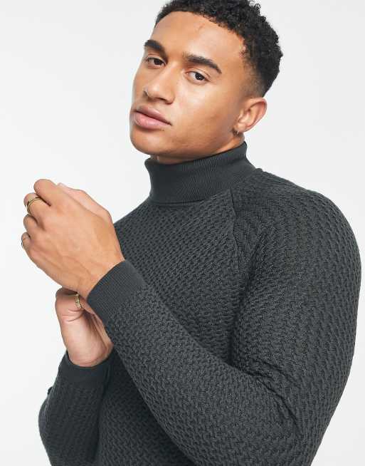 Asos design muscle fit ribbed clearance roll neck jumper in black