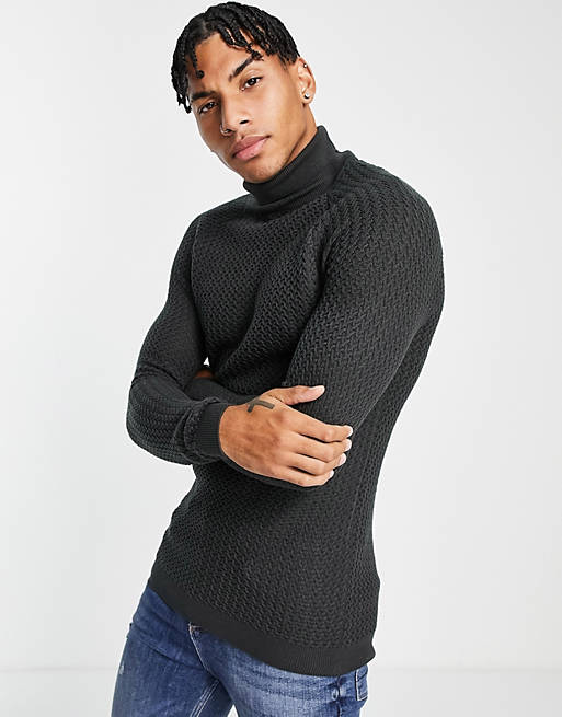 ASOS DESIGN muscle fit textured knit roll neck jumper in charcoal