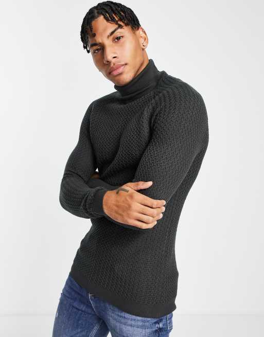 ASOS DESIGN muscle fit textured knit roll neck jumper in charcoal