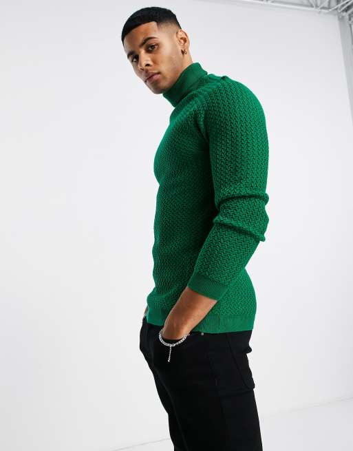 Mens green shop polo neck jumper