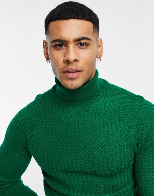 Mens green shop roll neck jumper