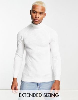 ASOS DESIGN muscle fit textured knit roll neck jumper in white