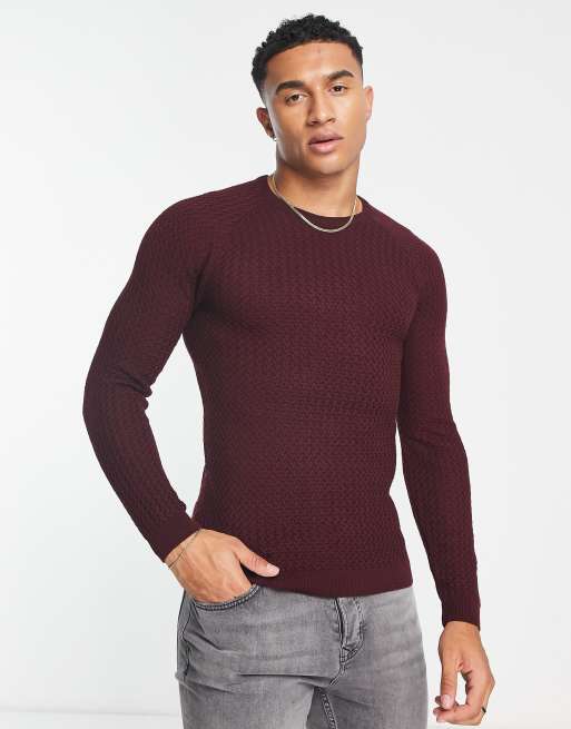 ASOS DESIGN muscle fit textured knit sweater in burgundy ASOS