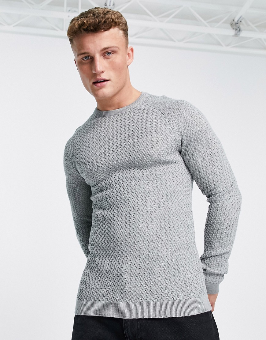 ASOS DESIGN muscle fit textured knit sweater in gray
