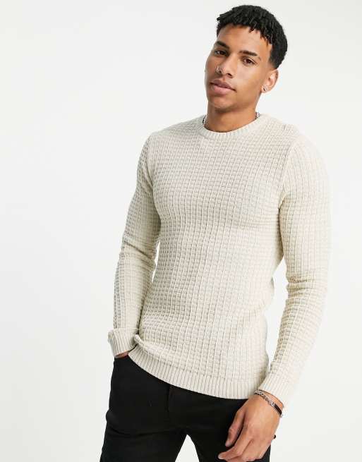 ASOS DESIGN muscle fit textured knit sweater in oatmeal