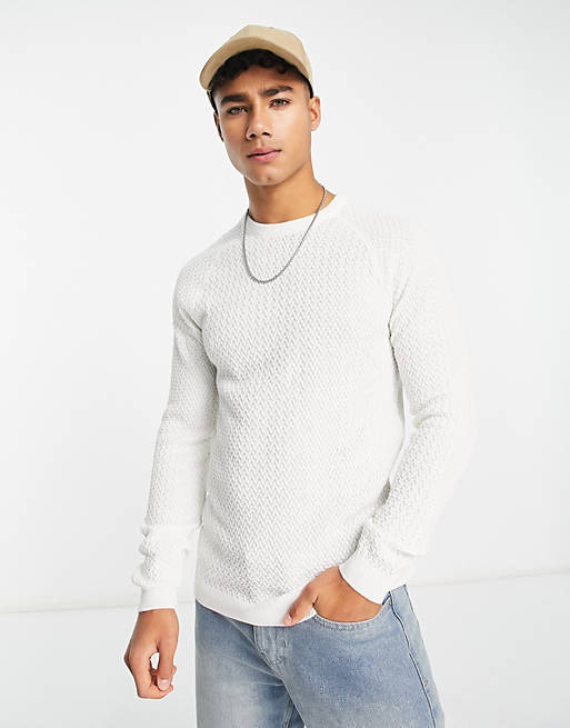 ASOS DESIGN muscle fit textured knit sweater in off-white | ASOS