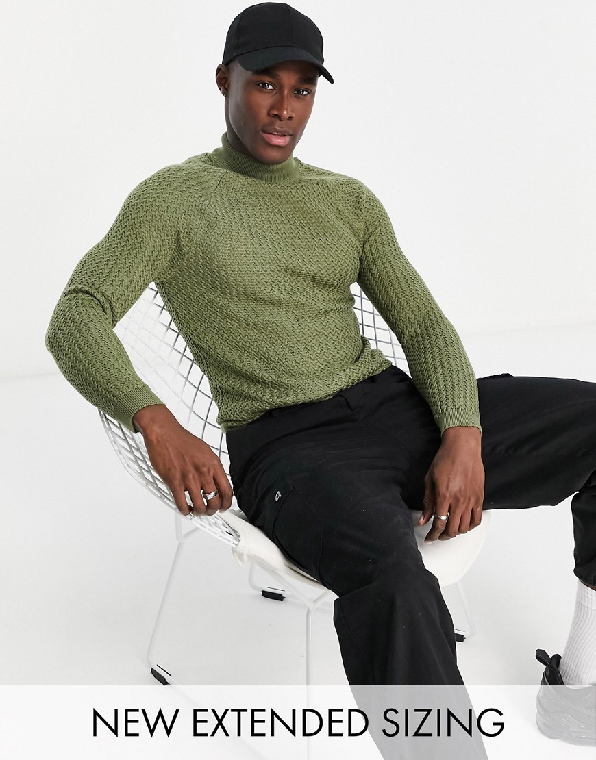 ASOS DESIGN muscle fit textured knit turtle neck jumper in khaki-Green