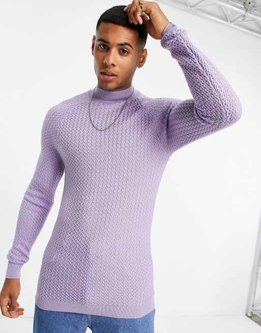 ASOS DESIGN muscle fit textured knit turtle neck jumper in purple