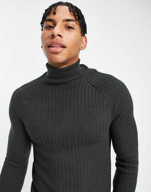 ASOS DESIGN muscle fit textured knit turtle neck sweater in charcoal