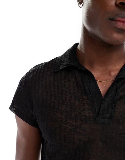 Black Sheer Textured Fitted Shirt