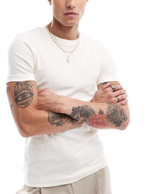 ASOS DESIGN muscle fit textured ribbed t-shirt in cream
