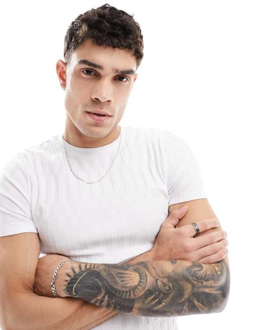 ASOS DESIGN muscle fit textured short sleeved T-shirt in white