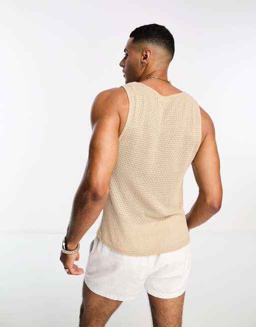 ASOS DESIGN muscle fit textured tank top with square neck in beige